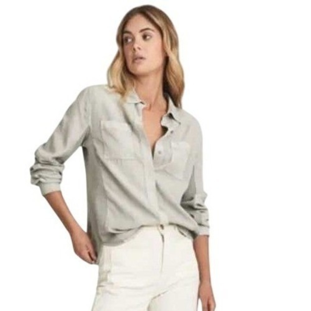 Reiss London Button Up Top Womens 10 Shirt Taupe Tencel Utility Shirt Minimalist